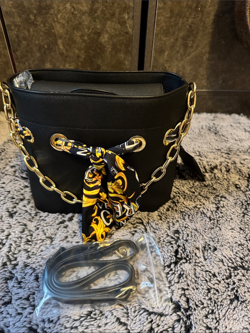 NWT Versace Jeans Collection Black Crossbody with Yellow-Print Scarf Accent